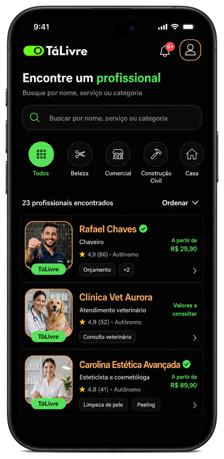 Tela principal do aplicativo TáLivre com busca e listagem de profissionais.