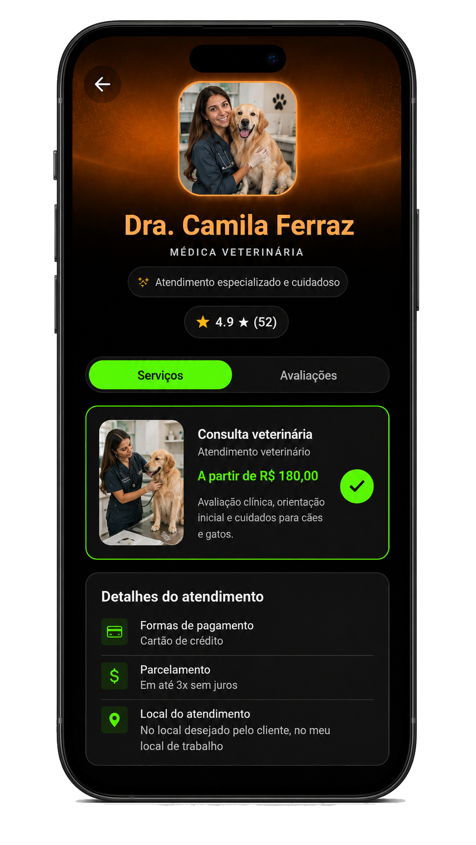 Tela do aplicativo com perfil de uma médica veterinária autônoma.