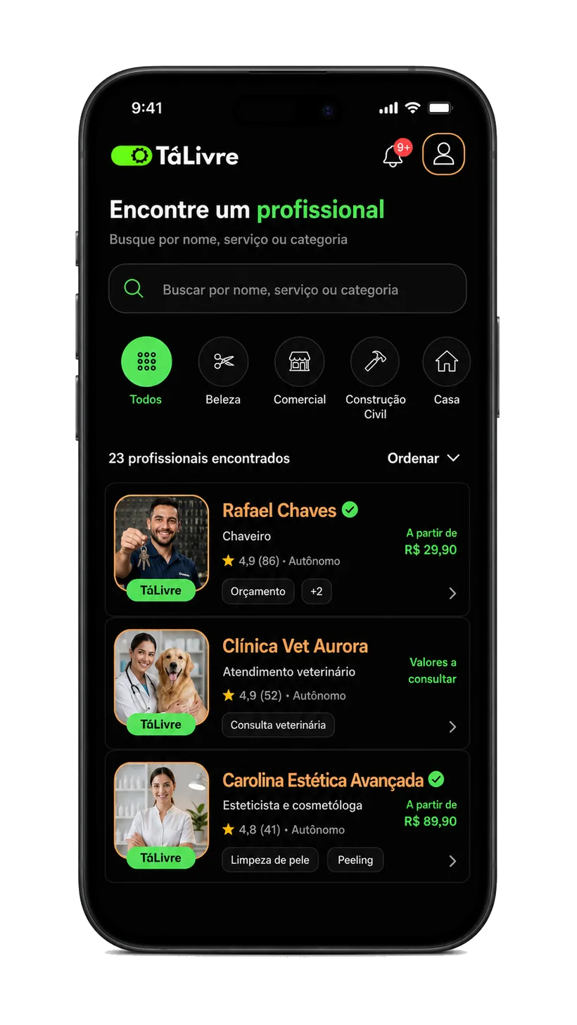 Tela do aplicativo TáLivre com busca por profissional, categorias e resultados disponíveis.