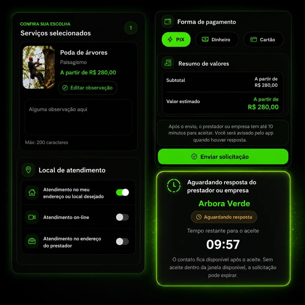 Arte do aplicativo TáLivre com serviços selecionados, forma de pagamento e solicitação enviada.