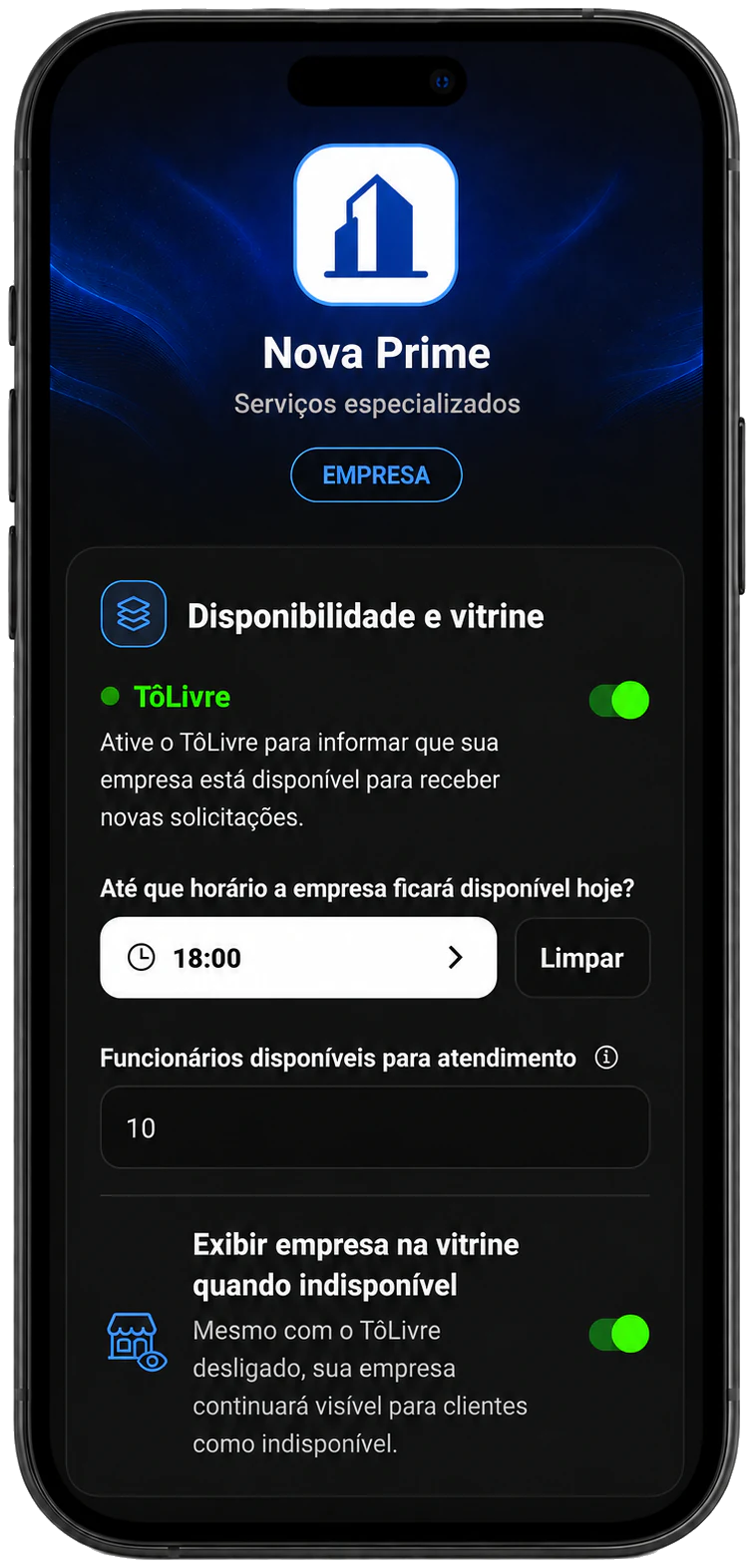 Tela ilustrativa de disponibilidade de empresa.