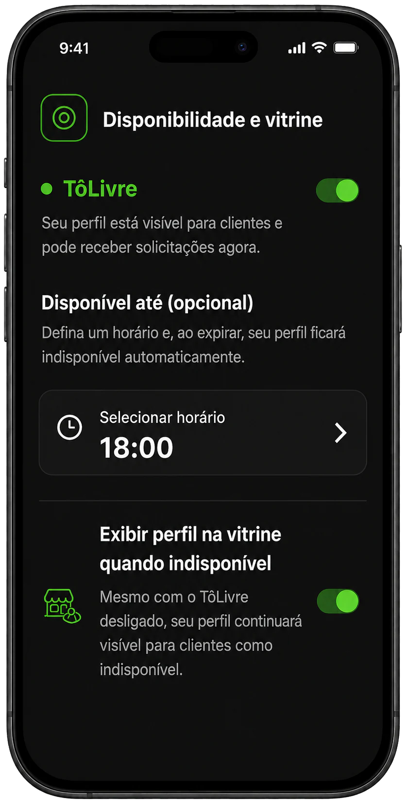 Tela ilustrativa do TôLivre com controles de disponibilidade e vitrine.